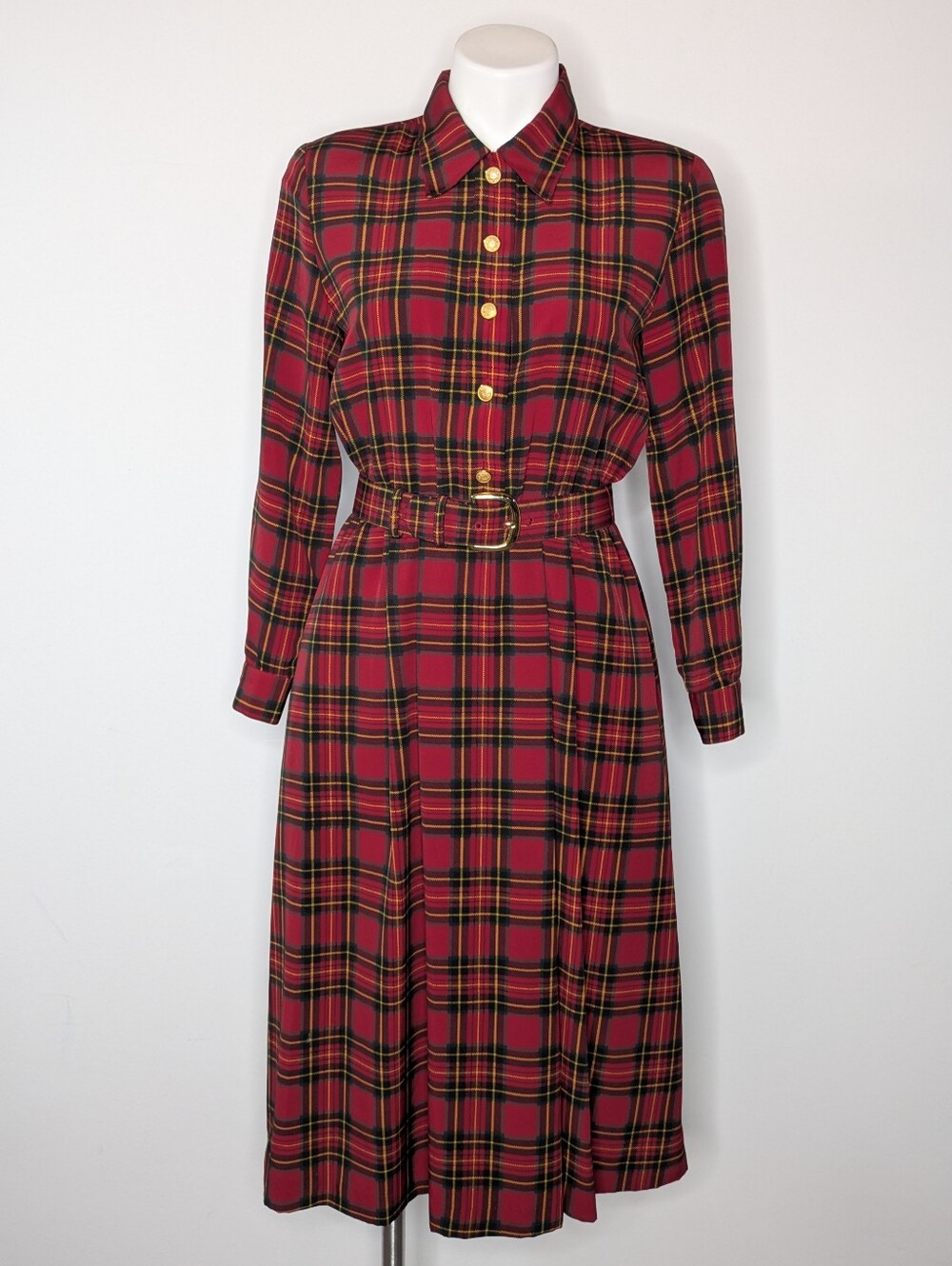 Vintage Talbots Red Green Gold Holiday Plaid Button Top Belted Midi Dress 2